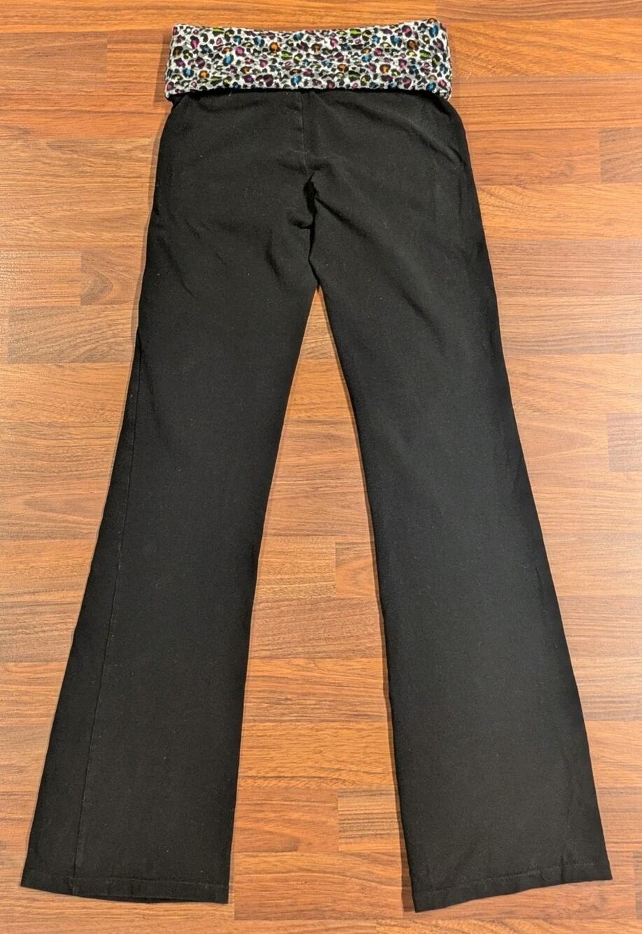 Jenni Women’s XS Black Fold Over Yoga Pants Leopard Waist Flare Leg Y2K